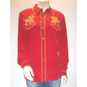 Bob Mackie Red Silk Blouse, Elephant Motif NWOT